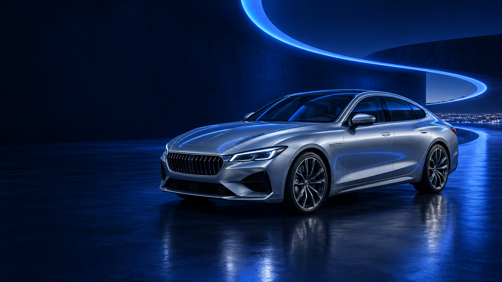 Silver car in a blue-lit architectural studio